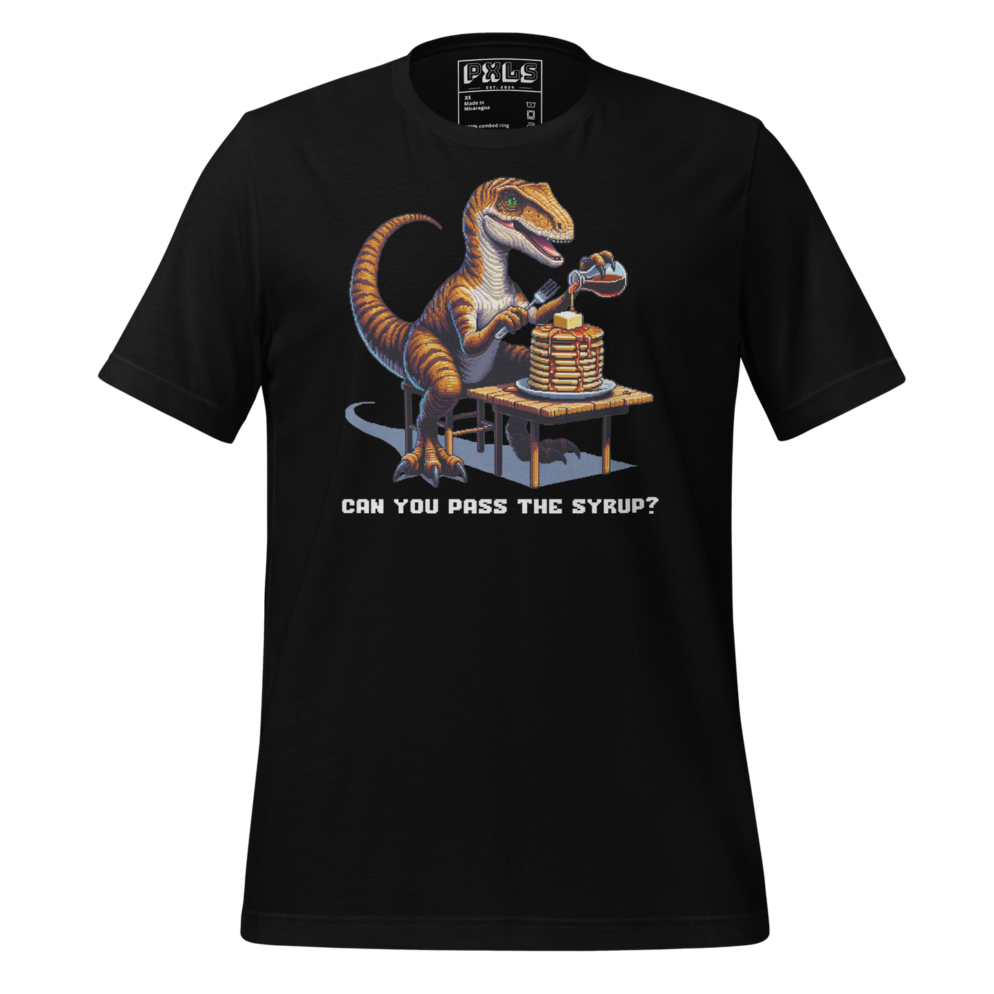 "Velociraptor Eating Pancakes" Unisex Shirt w/ Text