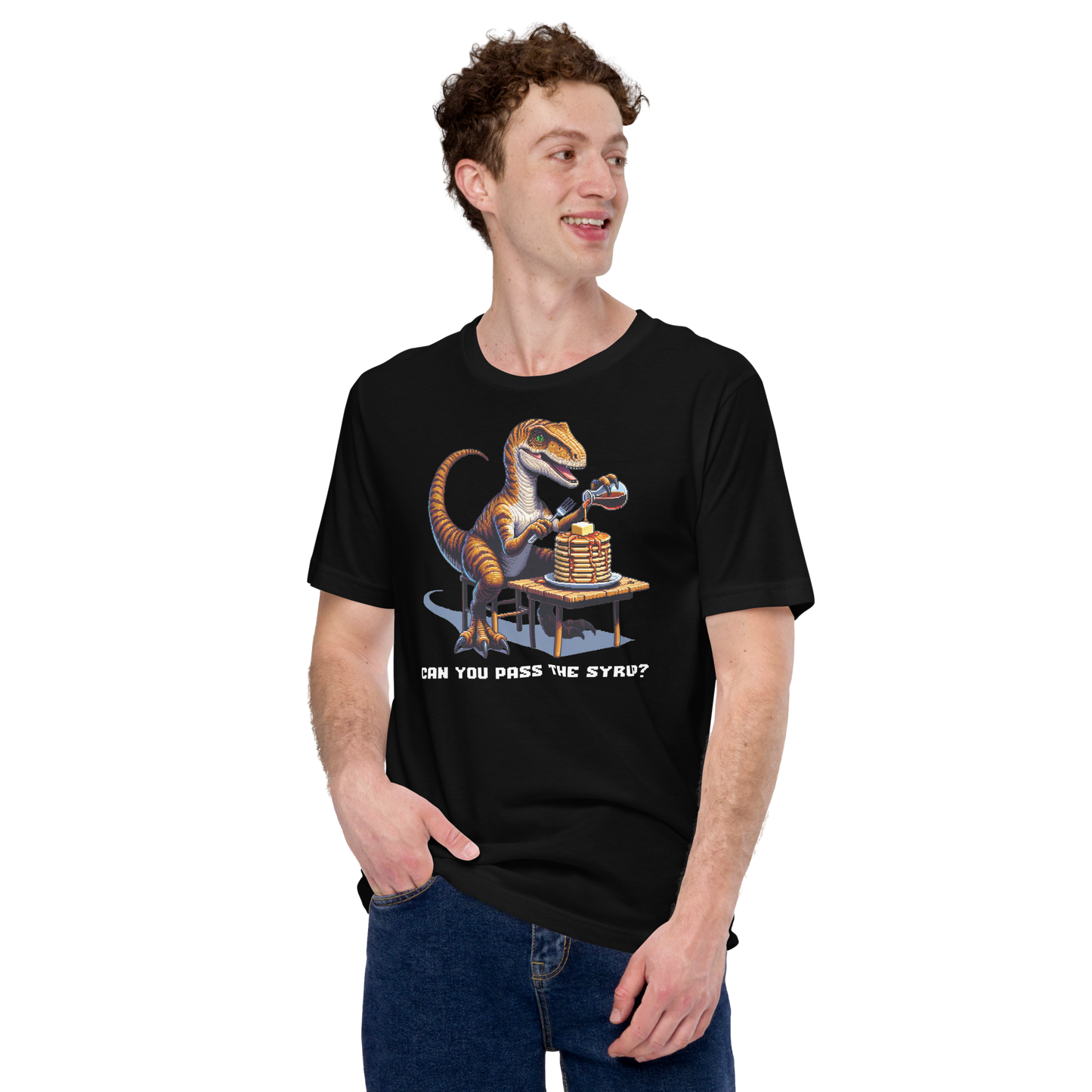 "Velociraptor Eating Pancakes" Unisex Shirt w/ Text