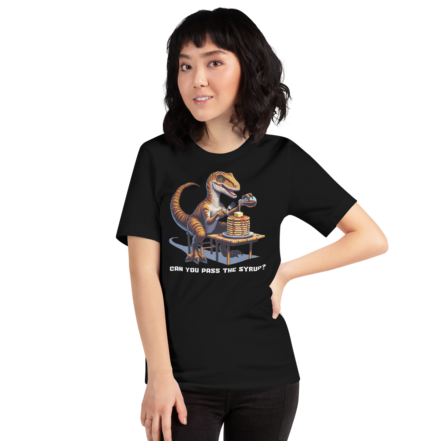 "Velociraptor Eating Pancakes" Unisex Shirt w/ Text