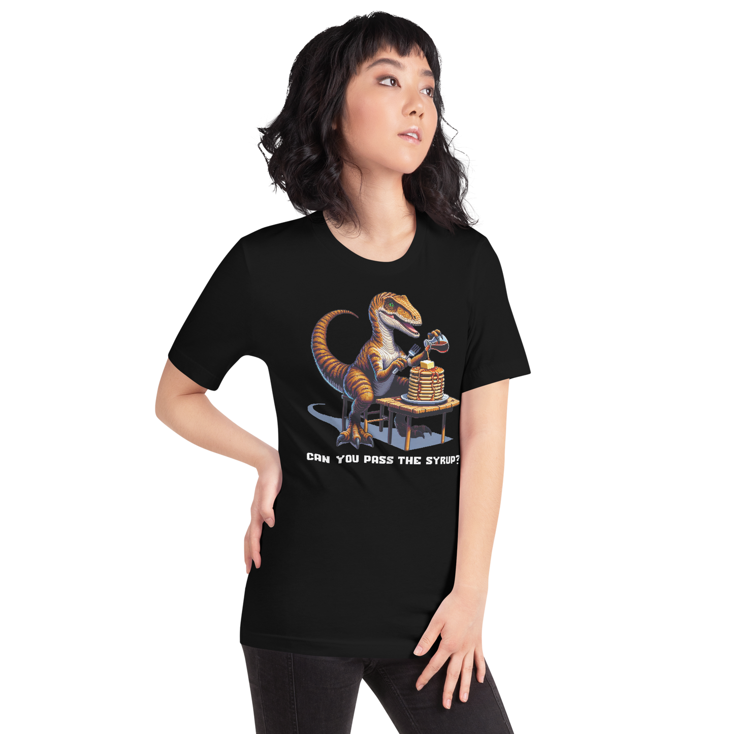 "Velociraptor Eating Pancakes" Unisex Shirt w/ Text