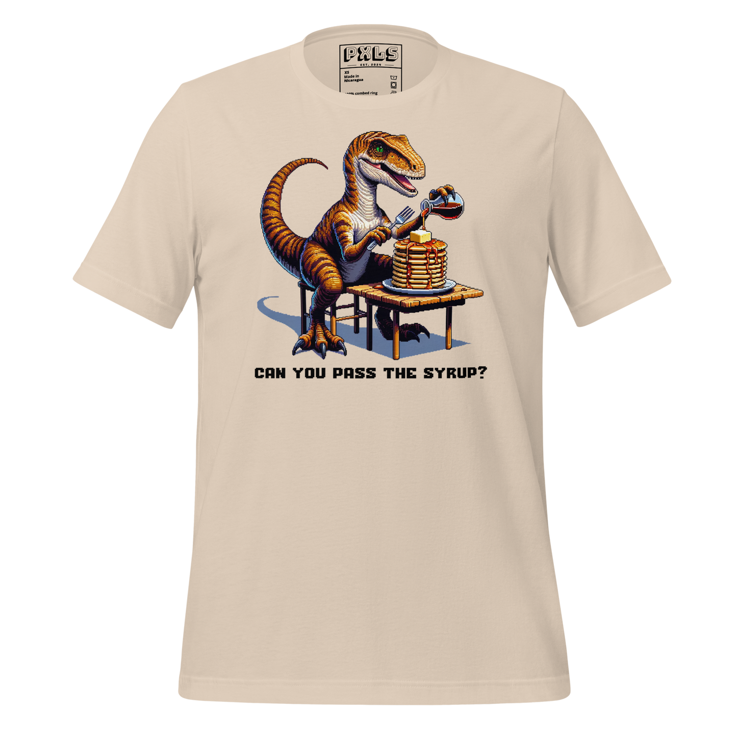 "Velociraptor Eating Pancakes" Unisex Shirt w/ Text