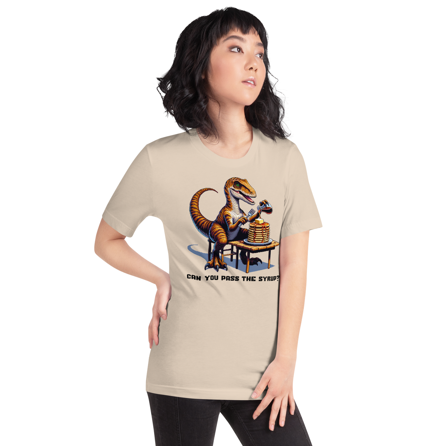 "Velociraptor Eating Pancakes" Unisex Shirt w/ Text