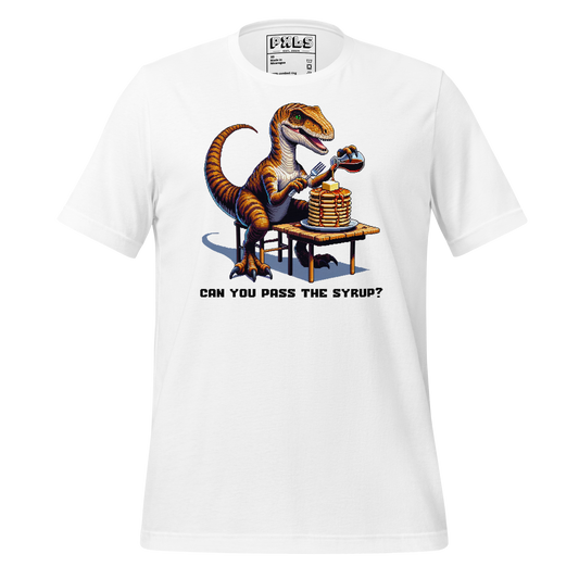 "Velociraptor Eating Pancakes" Unisex Shirt w/ Text