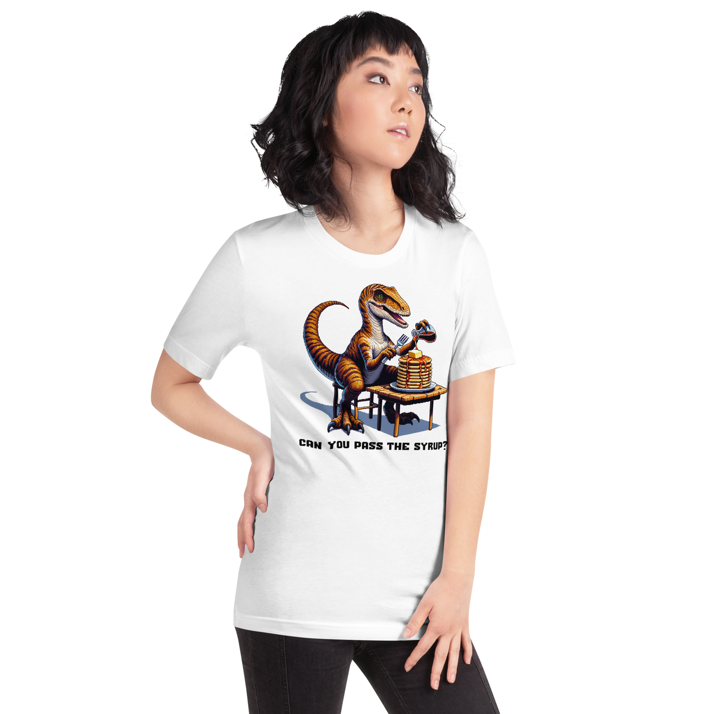 "Velociraptor Eating Pancakes" Unisex Shirt w/ Text